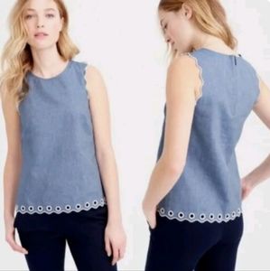 J. Crew Sleeveless Bkue Scalloped Grommet Blouse Size 8